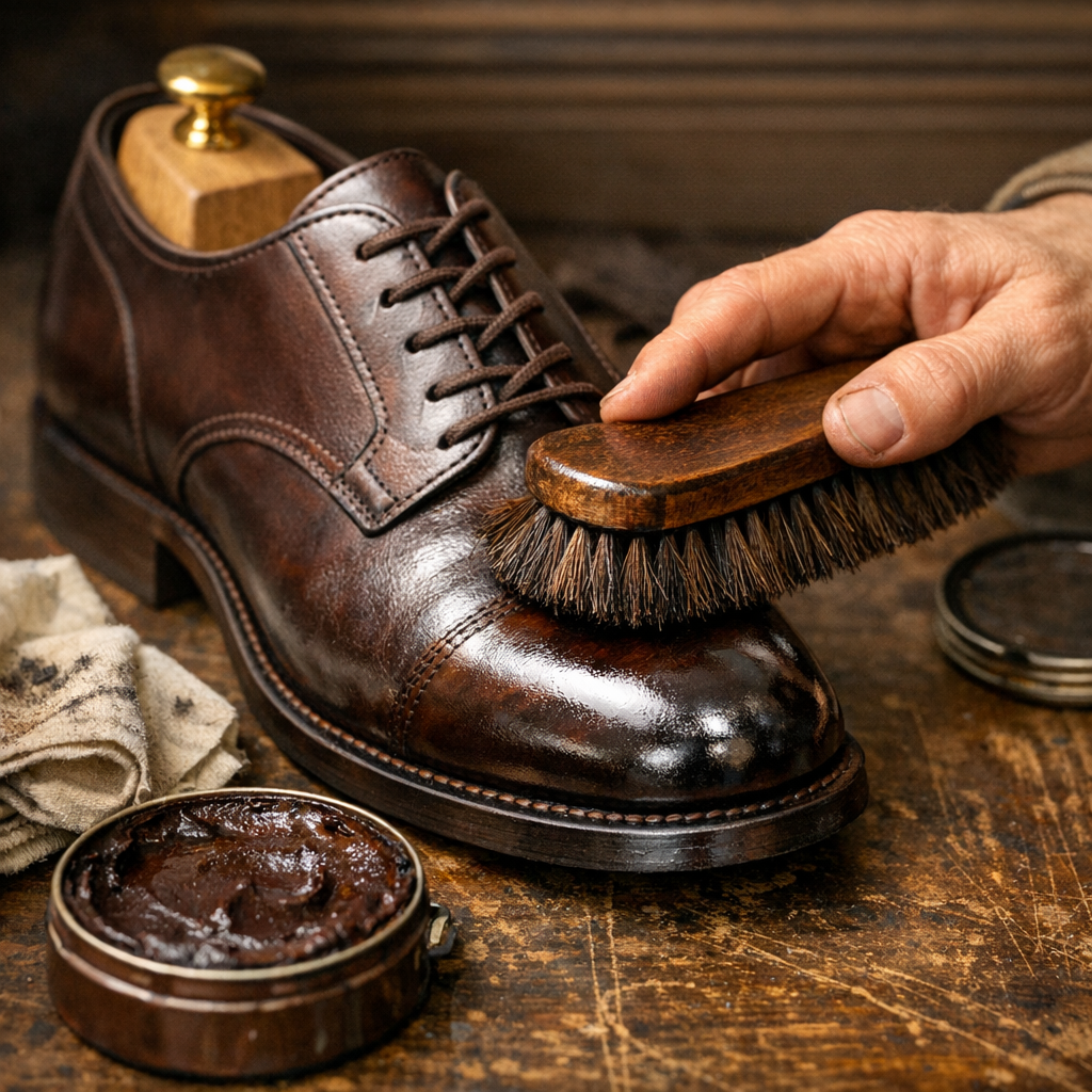 Cirage de chaussures en cuir avec brush